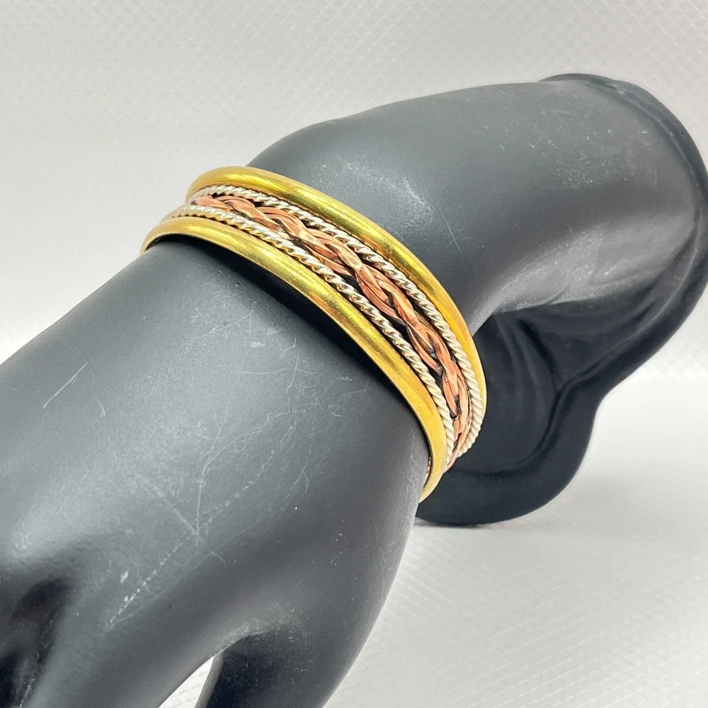 Vintage Copper Tri-Tone Braided Rope Cuff Bracelet w/ Gold and Silver Tone